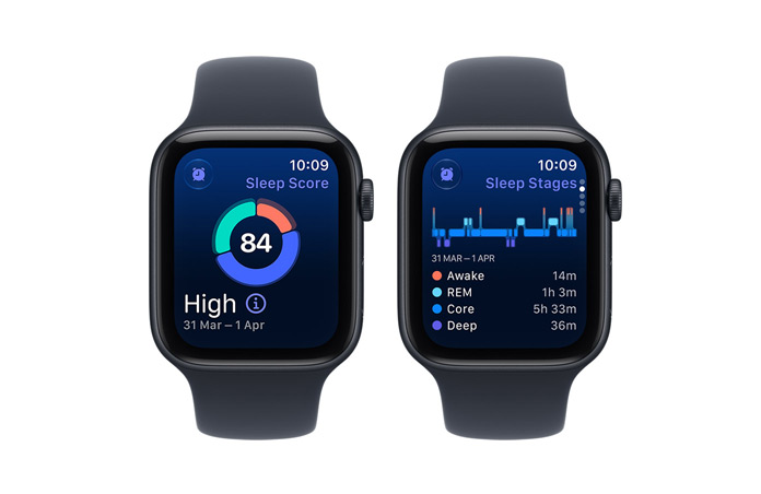 Apple Watch SE 3 devices, aluminum cases, midnight color, screens show sleep score, sleep stages, right side exterior, Digital Crown dials, Sport Bands, navy blue color