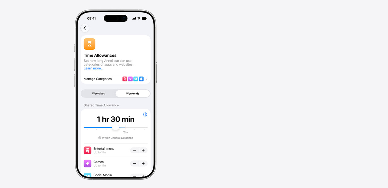 iPhone displaying Time Allowance interface, including a shared time allowance of two hours and 30 minutes, and suggested allowances for app categories like entertainment, games and social media.