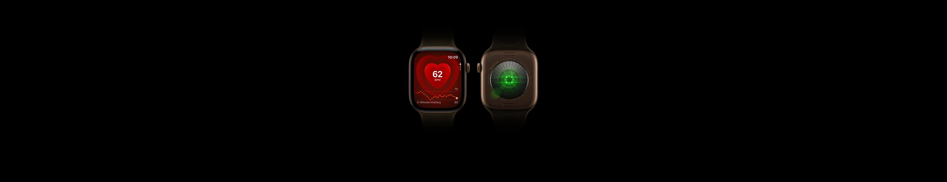 Two Apple Watch Series 12 devices, aluminium case, dark bronze colour, olive Sport Band, one showing front of watch with Heart Rate app, one showing back of watch with Health Sensing System with glowing green LED lights