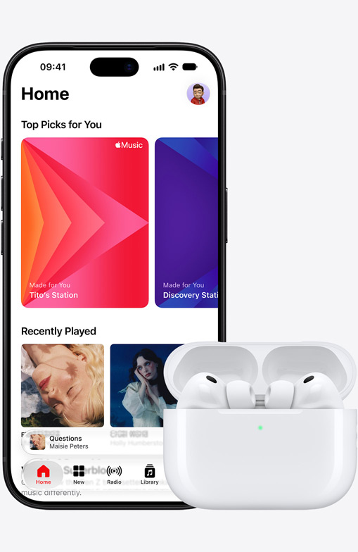 iPhone 18 Pro, front exterior, Apple Music homescreen displayed on screen, next to Airpods Pro 3 in open MagSafe Charging Case