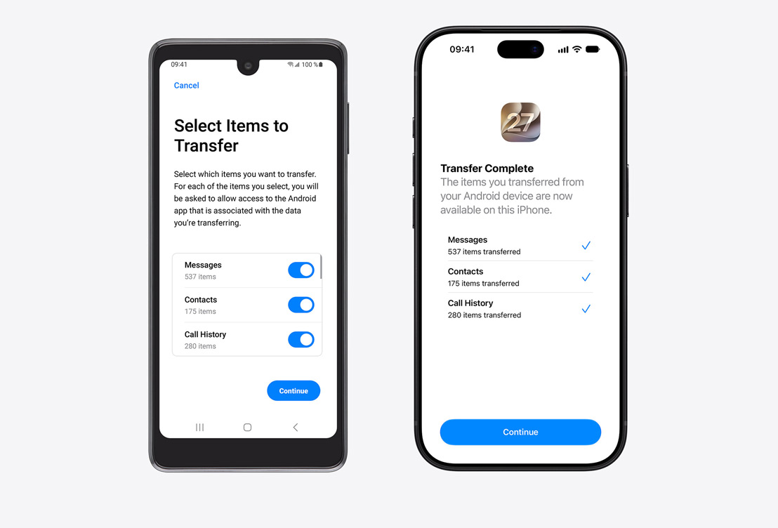 Android device on left, iPhone on right. Android device displays the Move to iOS App, with Select Items to Transfer heading and Messages, Contacts, and Call History Selected. iPhone screen shows Transfer Complete.