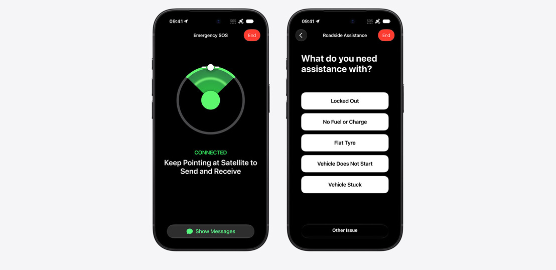 Three iPhone models side by side, display showing Messages, Find My, Roadside Assistance widgets available via Satellite, iPhone screen showing Emergency SOS in use, iPhone screen showing Roadside Assistance in use
