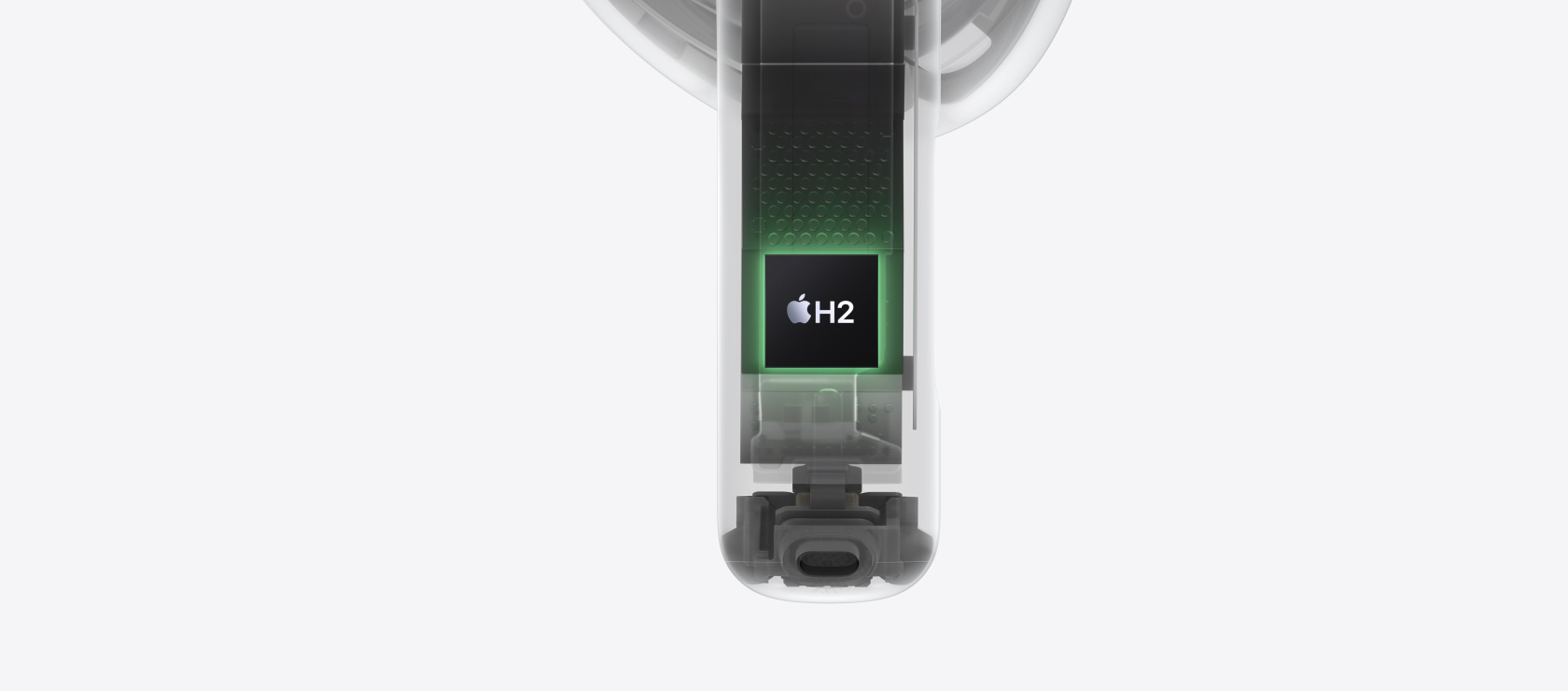 Čip H2 istaknut unutar drške slušalica AirPods 4.