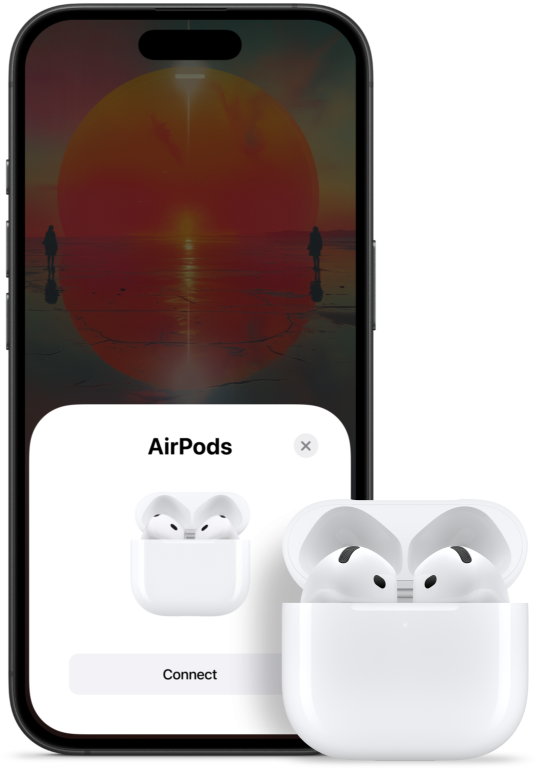 Otvorena kutijica za punjenje sa slušalicama AirPods 4 unutra, pored iPhonea koji pokazuje da su AirPods 4 slušalice povezane.