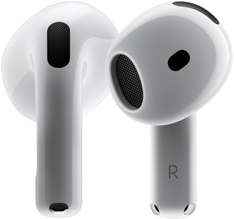 Dvije slušalice AirPods 4 koje se vrte jedna oko druge i zaustavljaju pod različitim kutovima.