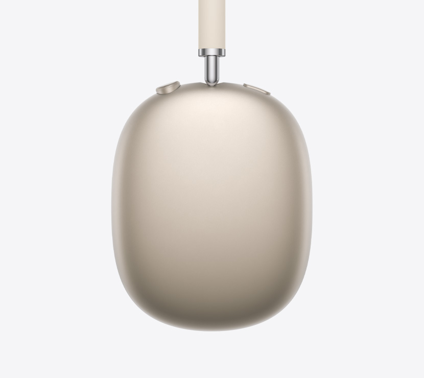 AirPods Max 2 austiņas, sānskats, zvaigžņu krāsā, teleskopiskās kājiņas detaļa, austiņu spilventiņš, Digital Crown un trokšņa kontroles poga