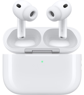 AirPods Pro 3 uzlādes kārbiņā ar atvērtu vāciņu, priekšpuses skats, baltas