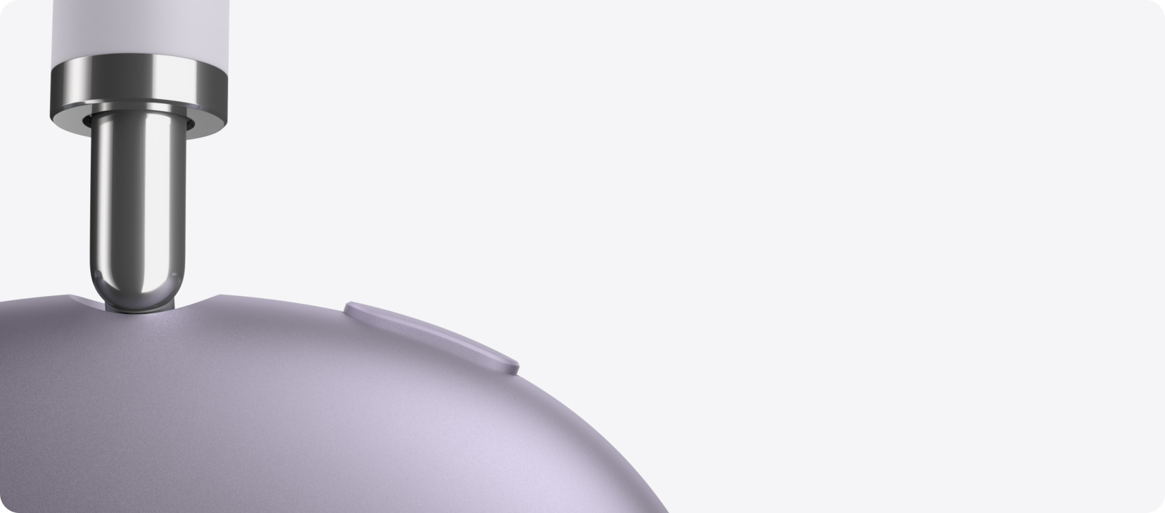 AirPods Max 2 austiņas, sānskats, teleskopiskās kājiņas detaļa, austiņu spilventiņš, trokšņa kontroles poga