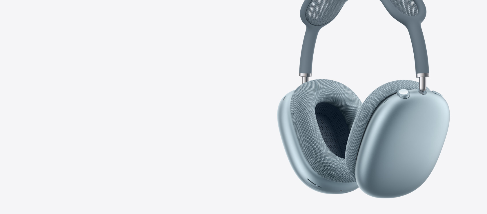 AirPods Max 2 austiņas, sānskats, zilā krāsā, austiņu spilventiņu iekšpuse un ārpuse, Digital Crown