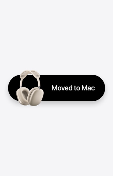 AirPods Max 2 zvaigžņu krāsā un vārdi Moved to Mac, kas norāda uz automātisko pārslēgšanos