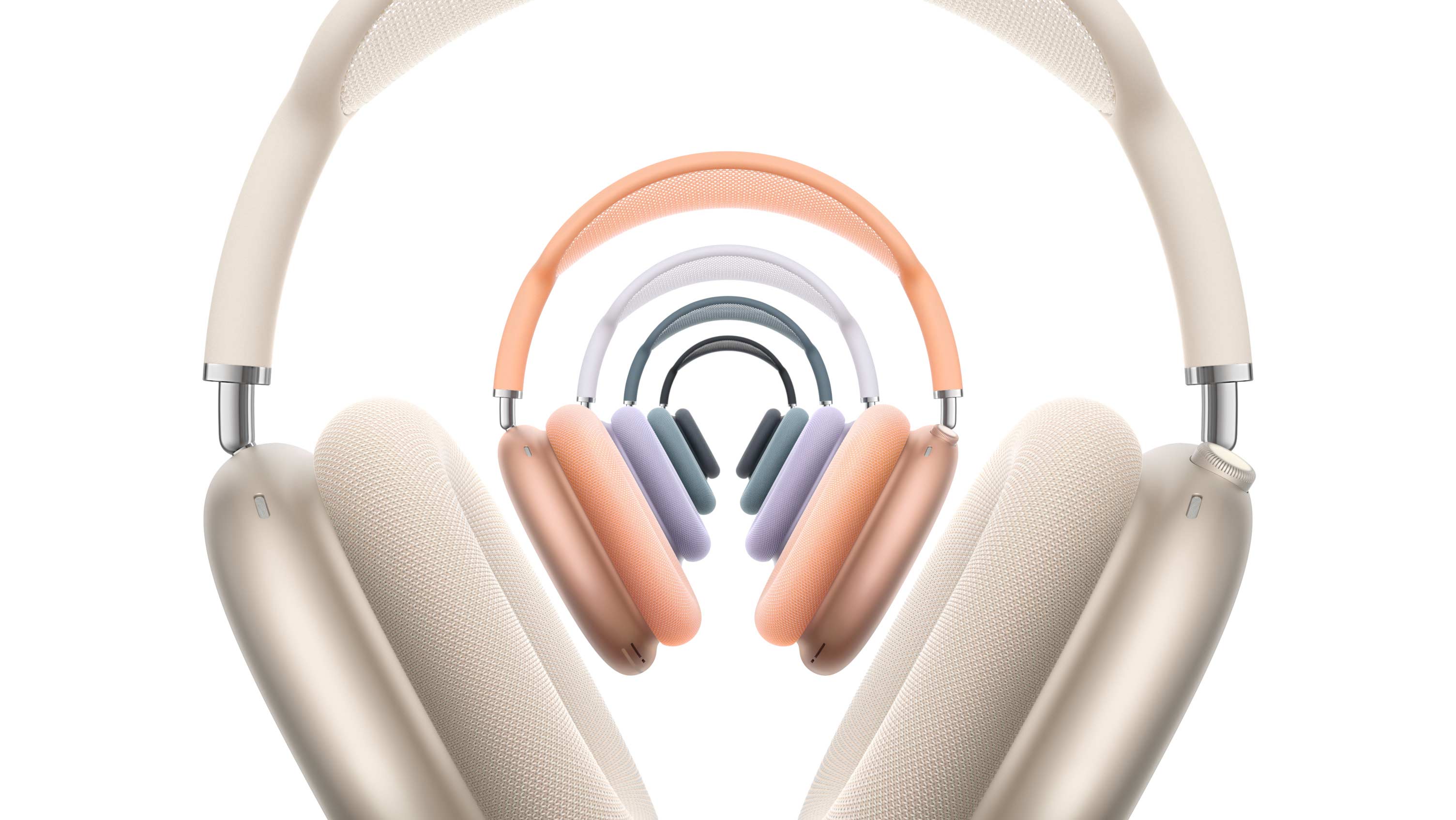 Piecas AirPods Max 2 austiņas, priekšpuses skats, sakārtotas, zvaigžņu, oranžā, violetā, zilā un pusnakts krāsā