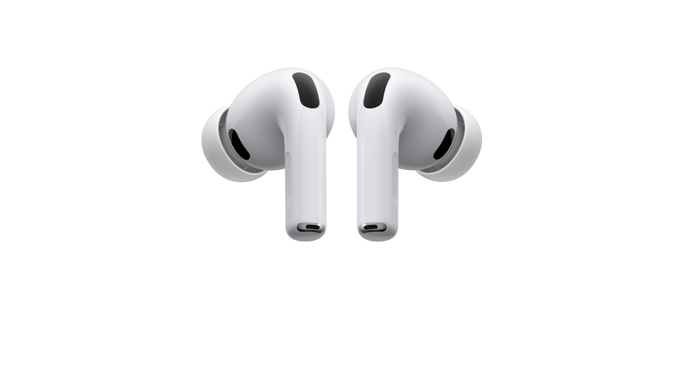 AirPods Pro 3, căști wireless stânga și dreapta, culoare albă, adaptoare auriculare din silicon