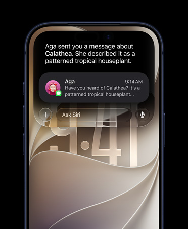 iPhone&nbsp;17&nbsp;Pro, Biru&nbsp;Pekat, layar depan, menampilkan permintaan Siri&nbsp;AI tentang tanaman yang disebutkan dalam percakapan Pesan.