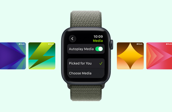 Apple Watch SE 3, casing aluminium, warna biru temaram, saran daftar putar olahragaApple Music, tali jam, Loop Sport, warna hijau rimba