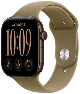 Apple Watch Series 12, aluminum case, dark bronze color, right side exterior, Digital Crown dial, microphone, side button, connected to Sport Band, olive color (earthy green), pin-and-tuck closure (silver pin)