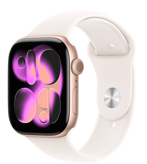 Apple Watch Series 11, цвят розово злато, алуминиев корпус, Responsive Art циферблат, екстериор от дясната страна, Digital Crown, микрофон, страничен бутон, каишка Sport Band в цвят лек руж