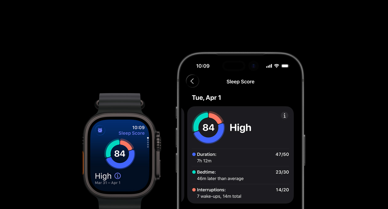 Кръгла графика и рейтинг на резултат от сън на Apple Watch Ultra 3, пълен анализ, отворен на сдвоен iPhone