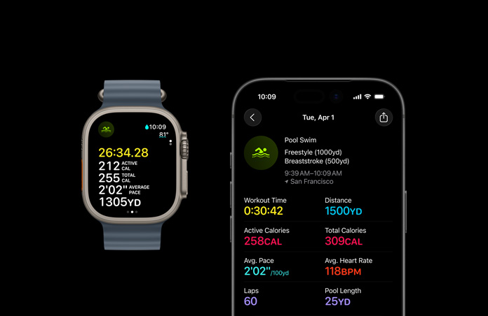 Apple Watch Ultra 3, warna alami, casing titanium, metrik olahraga Berenang di Kolam, analisis lengkap di iPhone yang dipasangkan