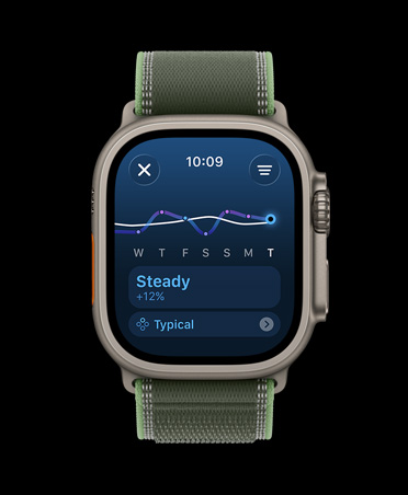 Apple Watch Ultra 3, натурален цвят, титанов корпус, линейна графика за натоварването по време на тренировка и календар, каишка Trail Loop в зелен/неонов цвят