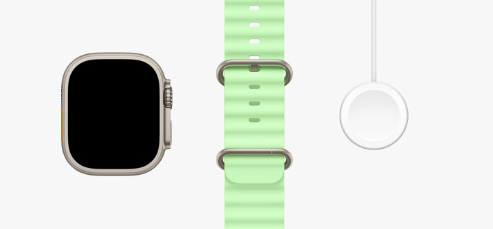 Apple Watch Ultra 3، إطار بلون تيتانيوم طبيعي، شاشة تغطي الواجهة بالكامل، حزام المحيط بلون أخضر نيون، شاحن Apple Watch مغناطيسي سريع إلى USB‑C