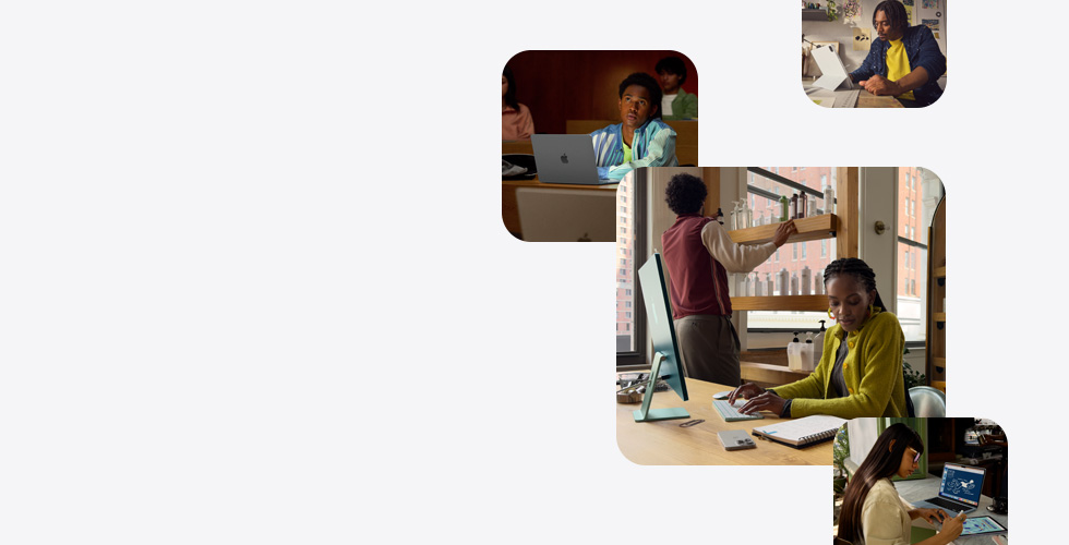 Diverse persone che usano prodotti Apple per studiare, lavorare, progettare e disegnare.