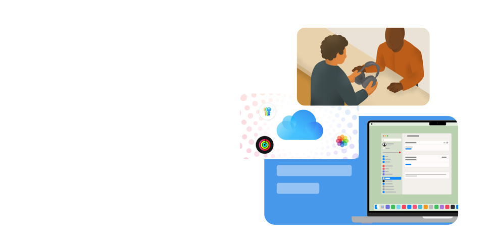 Un’illustrazione stilizzata di un’esperta Apple con in mano le cuffie di un cliente. Sotto c’è lo schermo di un MacBook disegnato che mostra l’interfaccia delle Impostazioni di sistema, circondata da icone illustrate che rappresentano Password, iCloud, Apple Fitness e Foto.