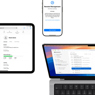 Forskellige dele af Apple Business Manager vist på iPad, iPhone og MacBook.
