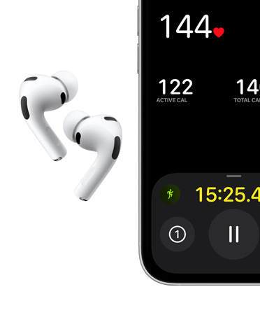 AirPods Pro 3, warna putih, earbud, eartip silikon, mikrofon, iPhone, olahraga Berlari di Luar pada layar