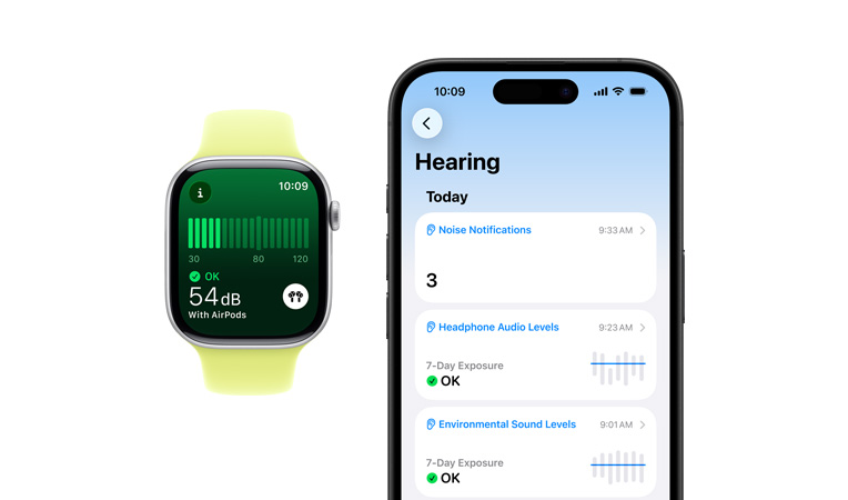 Apple Watch Series 11, casing aluminium, warna perak, aplikasi Kebisingan, Tali Jam Sport kuning neon, ringkasan harian Pendengaran mendetail terbuka di iPhone yang dipasangkan