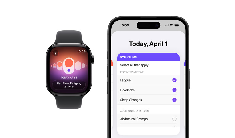 Apple Watch Series 11, casing aluminium, warna hitam legam poles, Tali Jam Sport, warna hitam, aplikasi Pelacakan Siklus, pilihan gejala harian terbuka di iPhone yang dipasangkan