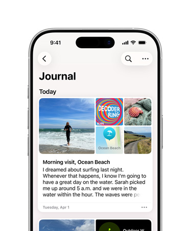 Aplikasi Jurnal terbuka untuk entri jurnal harian, gambar hari di pantai, dan teks tentang mimpi di iPhone
