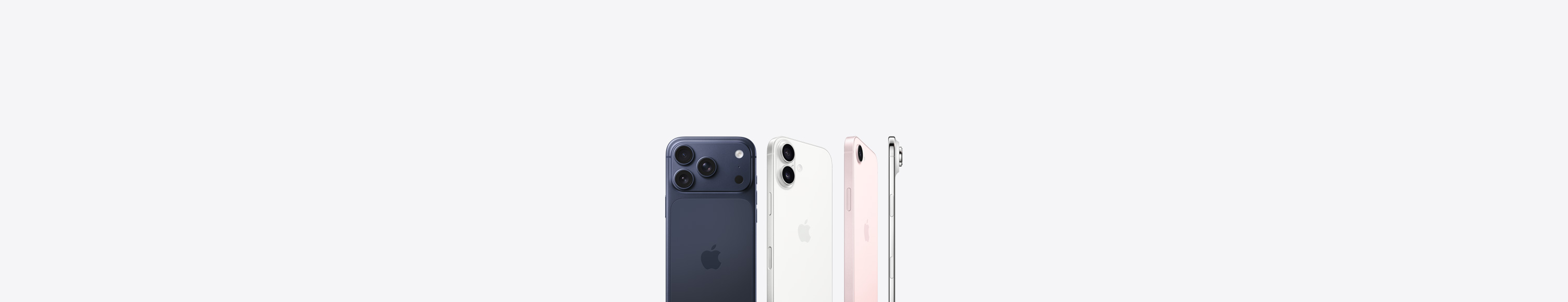 iPhone 17 Pro, заден екстериор, дълбоко синьо, Pro Fusion система камери горе вляво, Apple лого в центъра, iPhone 17, заден екстериор, бял цвят, Dual Fusion система камери горе вляво, Apple лого в центъра, iPhone 17e, заден екстериор, нежно розов цвят, Fusion система камери горе вляво, Apple лого в центъра, iPhone Air, страничен изглед, титанов рамка, Fusion система камери горе вляво