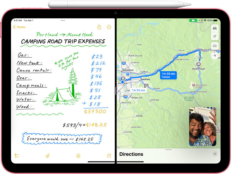Mathematische Notizen in Karten mit einem FaceTime Bild‑in-Bild auf dem iPad.