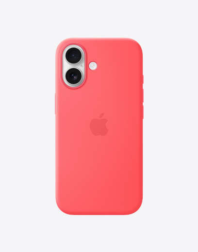 iPhone 17, εξωτερική πίσω όψη με θήκη σιλικόνης σε Bright Guava χρώμα, σύστημα κάμερας Fusion στην επάνω αριστερή γωνία, λογότυπο Apple στο κέντρο
