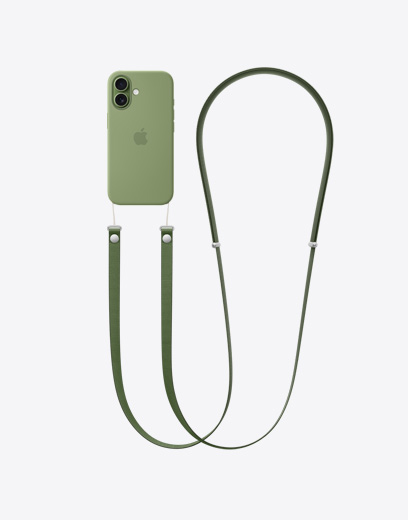 iPhone 17, εξωτερική πίσω όψη, πράσινη θήκη, προσαρτημένο λουράκι λαιμού CrossBody