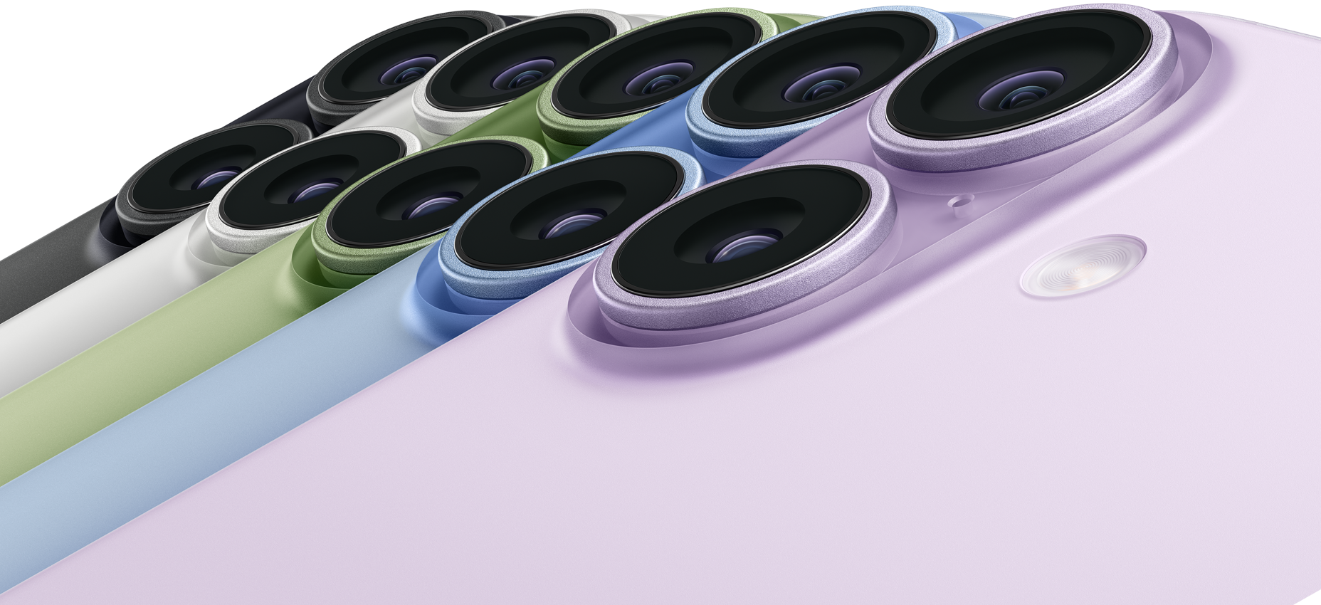 Πέντε συσκευές iPhone 17, εξωτερική πίσω όψη, επάνω αριστερή γωνία, κάμερες Fusion, χρώματα: μαύρο, λευκό, φασκόμηλο, γκρι μπλε, λεβάντα
