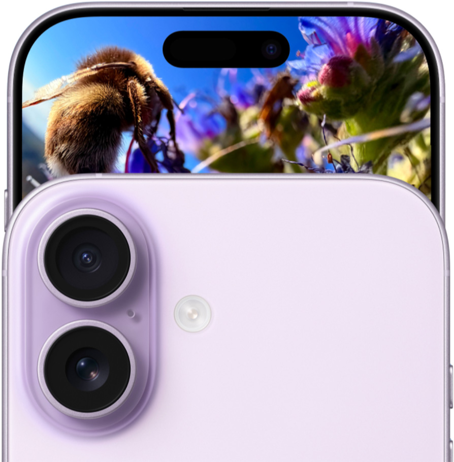 iPhone 17, εξωτερική μπροστινή όψη με σύστημα κάμερας Dual Fusion επάνω κεντρικά, εξωτερική πίσω όψη, χρώμα λεβάντα, κάμερα Fusion στην επάνω αριστερή γωνία και οι δύο συσκευές iPhone περιστρέφονται και το πίσω τηλέφωνο γλιστρά μακριά αφήνοντας το iPhone 17 μπροστά