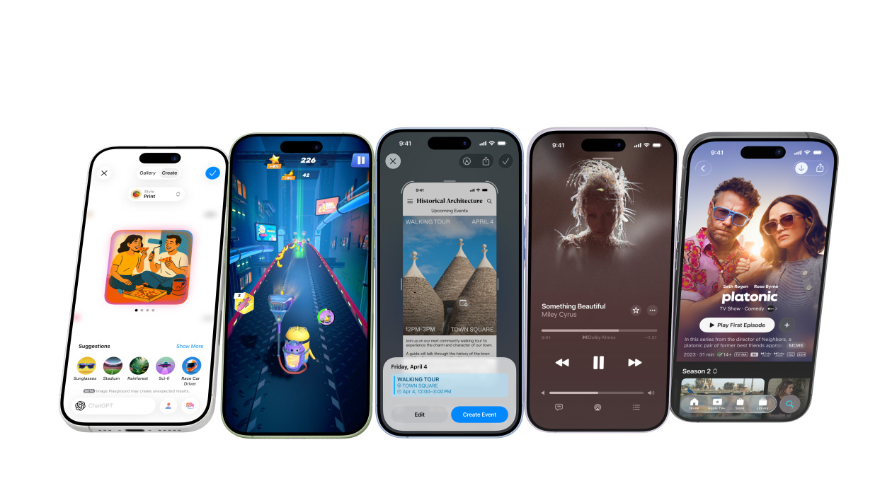 Συσκευές iPhone 17 σε διαφορετικά χρώματα, οι οθόνες εμφανίζουν διάφορα apps