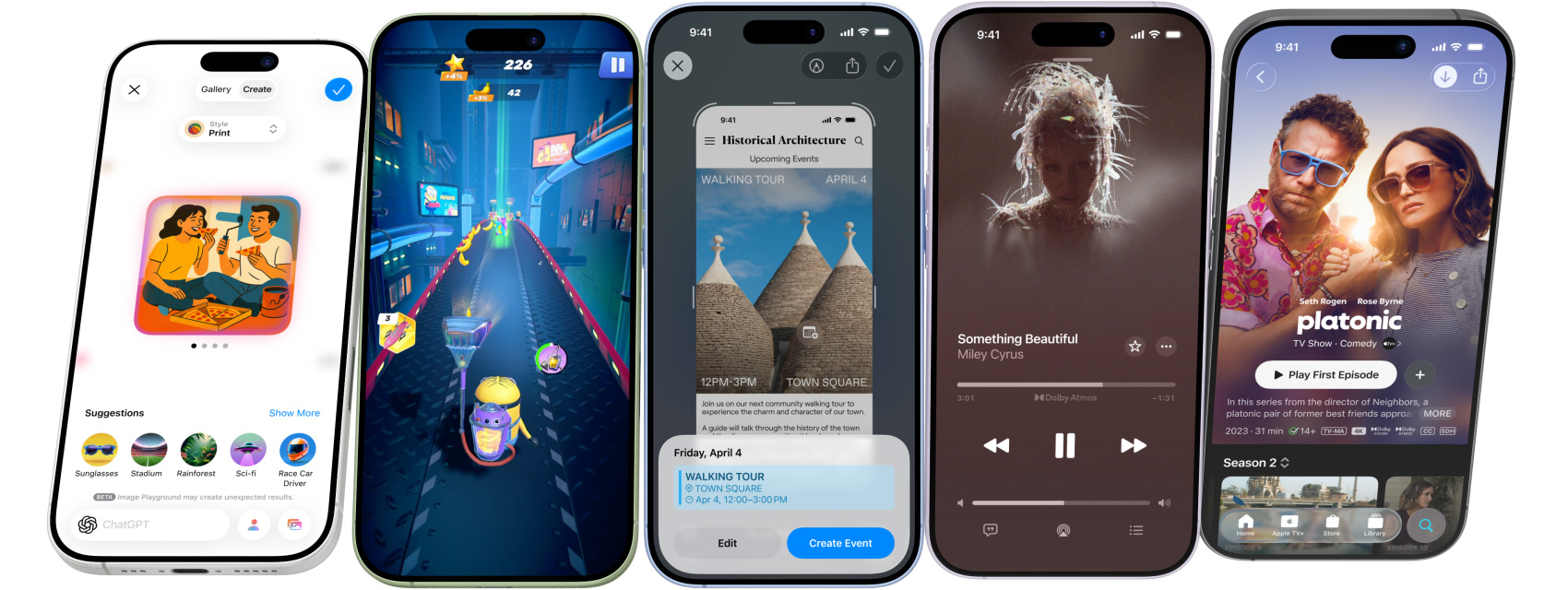 Συσκευές iPhone 17 που περιστρέφονται γύρω από τον εαυτό τους και σταματούν σε οθόνες που εμφανίζουν λειτουργίες iPhone