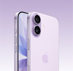 Lavendelfarvet iPhone 17 vist forfra og skråt bagfra med Pro Fusion-kamerasystem øverst og knappen Kamerabetjening. Forside vist fra siden med skærm fra kant til kant, Handlingsknap, lydstyrkeknapper og sideknap
