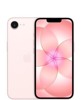 iPhone 17e i sart rosa vist bagfra med Fusion-kamera øverst til venstre og Apple-logo i midten og vist forfra i sart rosa med skærm fra kant til kant