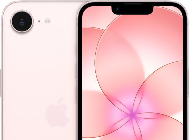 Forsiden af en iPhone 17e i sart rosa, der overlapper bagsiden af en iPhone 17e, hvor kameraet sidder