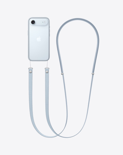 „iPhone Air“, galinė pusė, šviesiai pilkos spalvos „Bumper“ rėmelis su pritvirtintu „Crossbody Strap“ dirželiu per petį