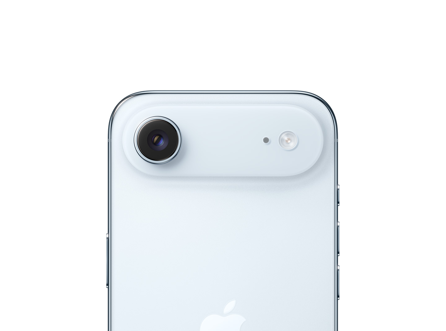 „iPhone Air“, galinė pusė, dangaus žydros spalvos, „Fusion“ pagrindinės kameros sistema viršutinėje dalyje