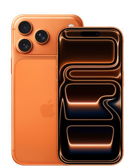 „iPhone 17 Pro“, kosminės oranžinės spalvos, galinė pusė iš kampo, „Pro Fusion“ kameros sistema viršutinėje dalyje, kameros valdiklio mygtukas, priekinė pusė su viso ekrano dizainu, veiksmo ir garsumo mygtukai