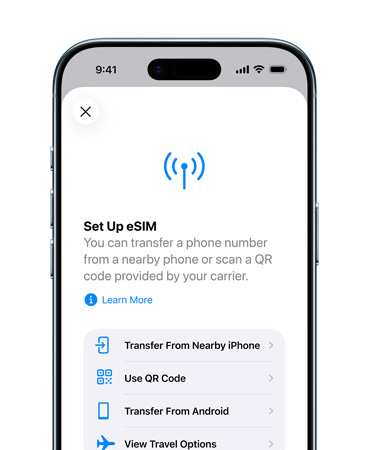 „iPhone Air“, priekinė pusė, naudojama mobilaus ryšio nustatymo funkcija, kad būtų galima lengvai perkelti telefono numerį su „eSIM“
