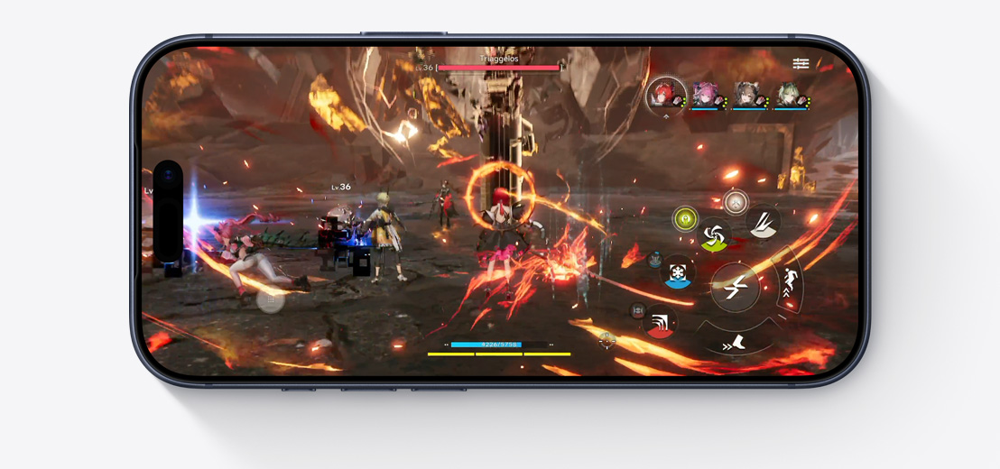 „iPhone 17 Pro“, priekinė išorinė dalis, demonstruojamas „A19 Pro“ lustų našumas su scena iš žaidimo „Arknights: Endfield“