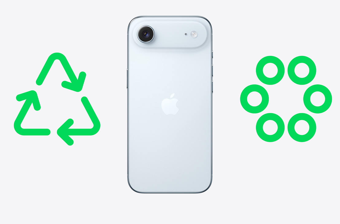 Parte posterior de un iPhone Air, ícono verde de reciclaje, ícono verde de materiales circulares