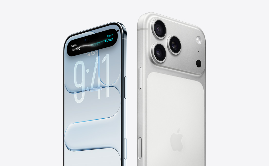 iPhone Air, face avant, écran avec design Liquid Glass et Dynamic Island, bords fins en titane, iPhone 17 Pro, face arrière avec système caméra Pro dans le coin supérieur gauche