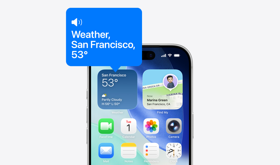 „iPhone“ pagrindinis ekranas, „VoiceOver“ balsu skaitoma orų valdiklio piktograma